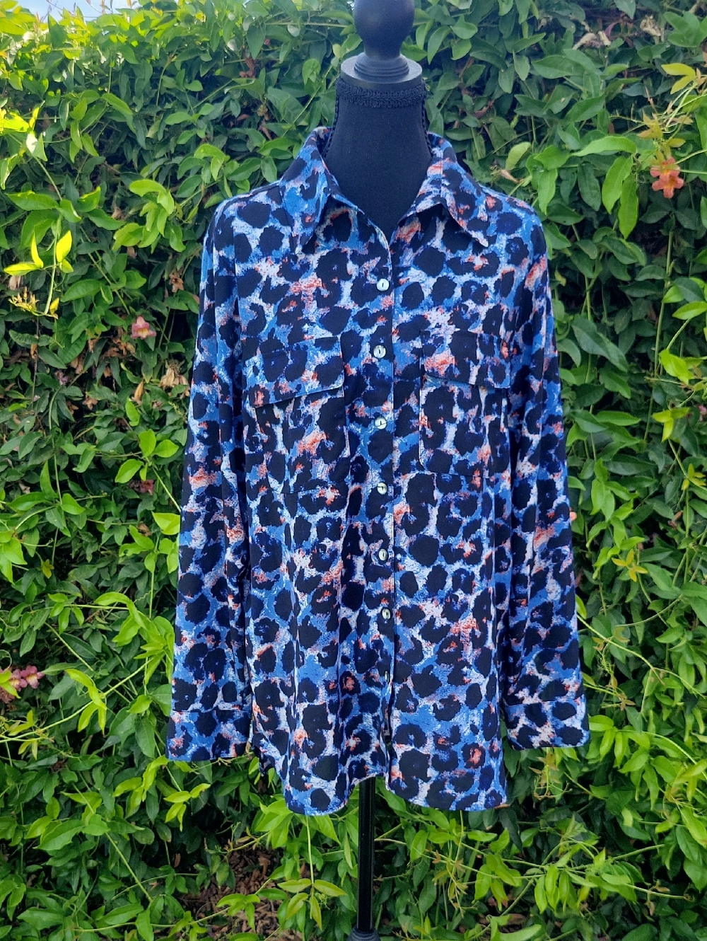Blue and Black Leopard Print Women's Button Down Shirt Size L